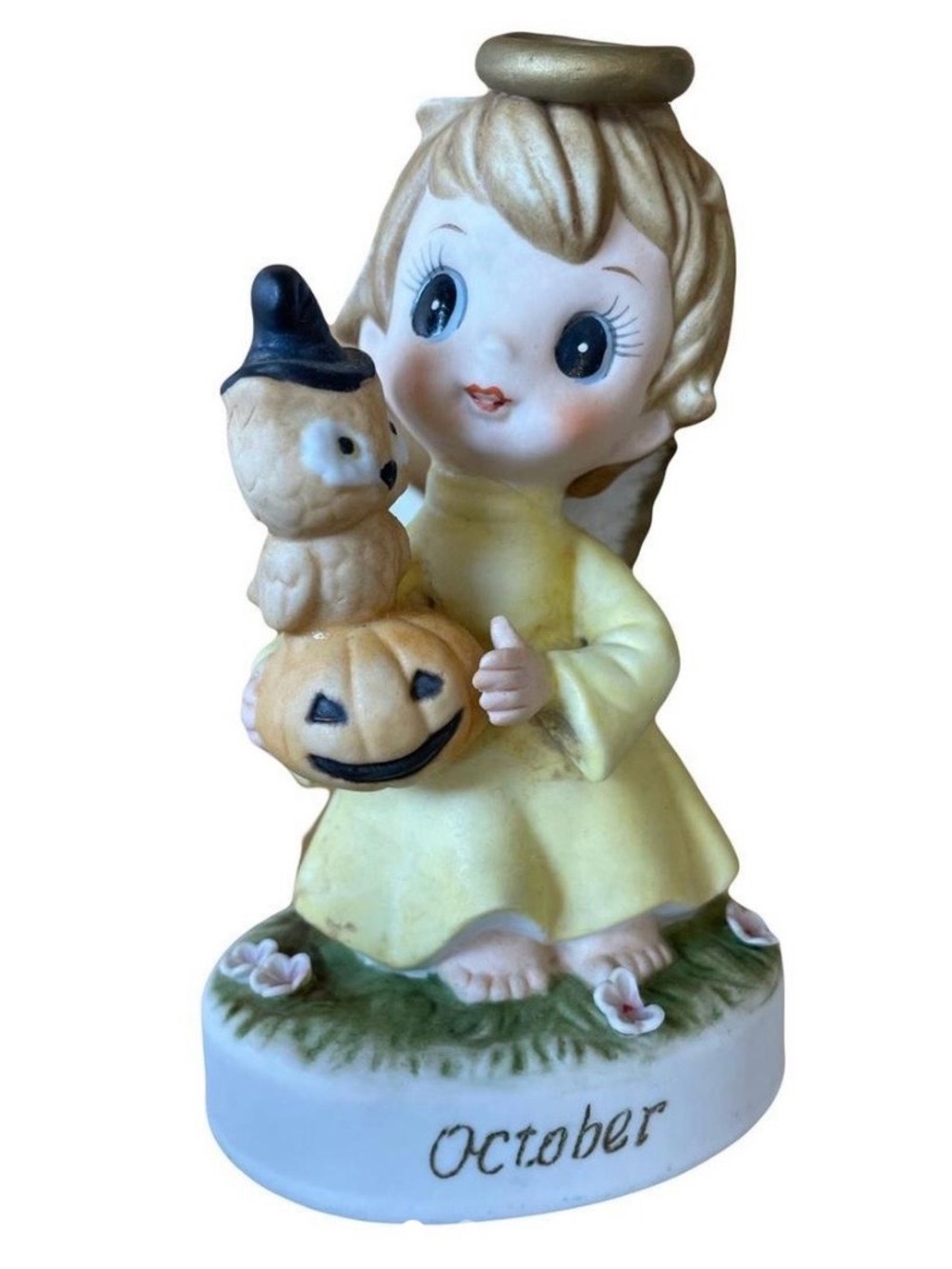 October Angel Figurine - Yellow Halloween Pumpkin Owl